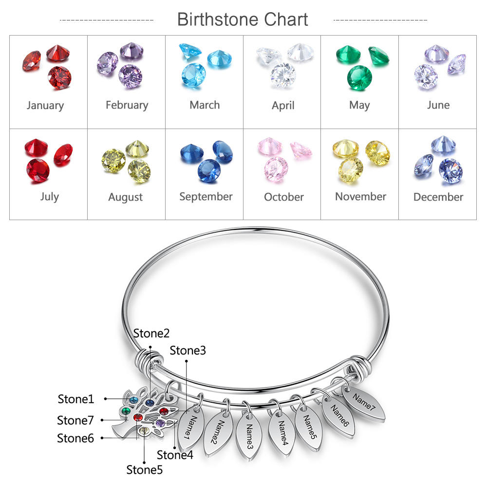 Personalised Family Tree Bracelet with 7 Birthstones Leaf Charms Bangle for Her-Jessemade AU