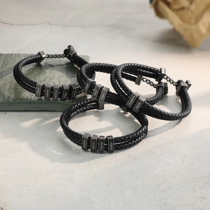 Double Layer Men Name Bracelet Engraved 2 Names Bracelet Woven Leather Bracelet Vintage Gift for Him-Jessemade AU
