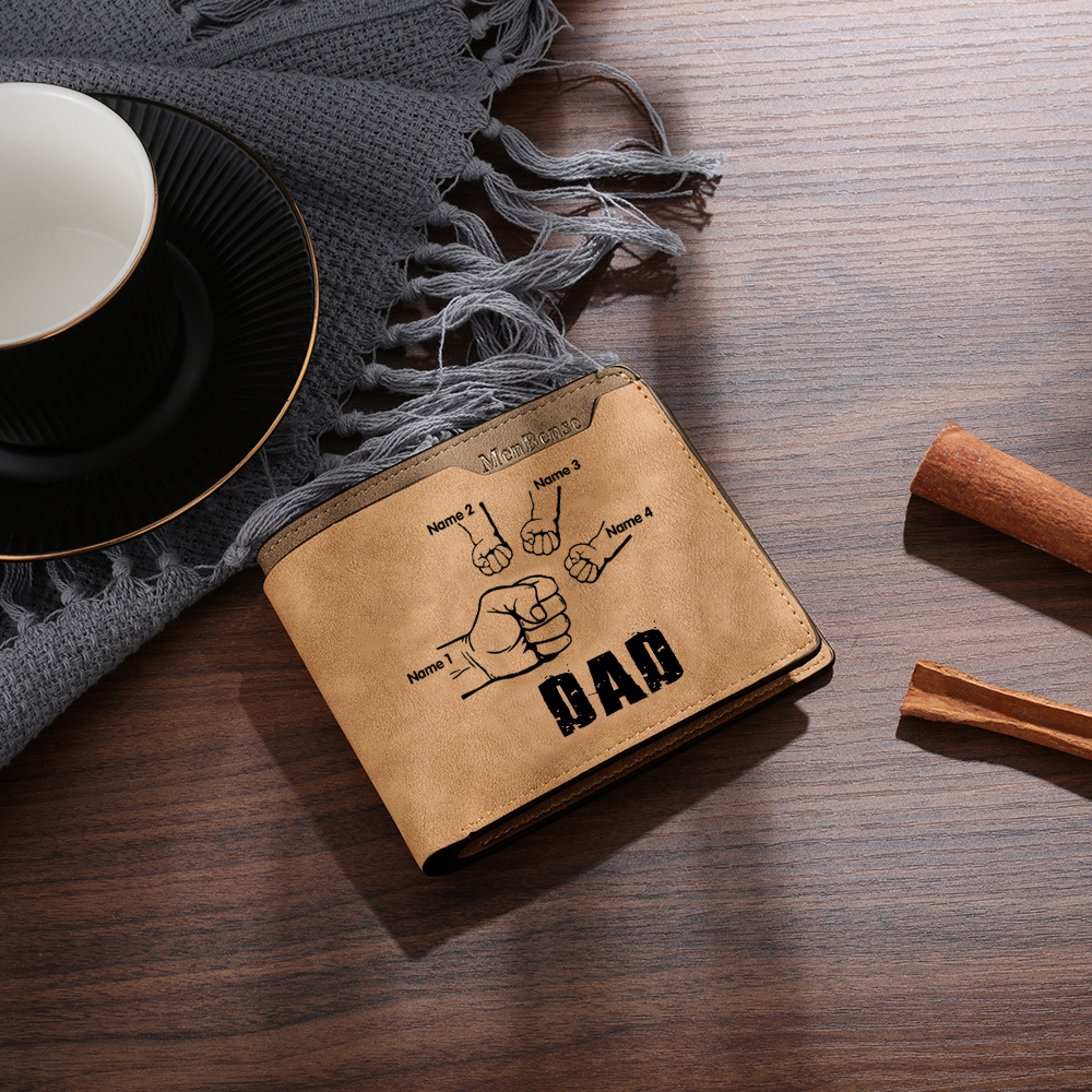 4 Names - Personalised Men Leather Wallet Custom Photo & Text & Name Folding Wallet Fist Bump Wallet Gift for Dad-Jessemade AU
