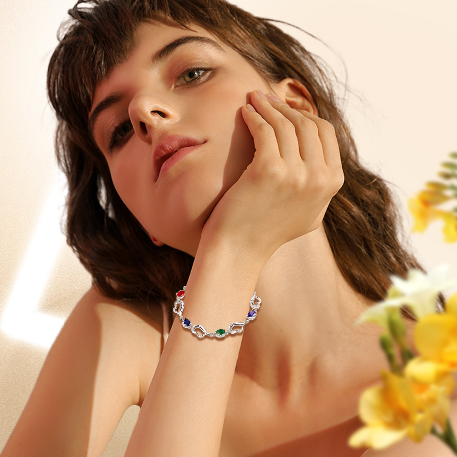 Personalised Heart Bracelet With 5 Birthstones Engraved Name Bracelet Gifts For Her-Jessemade AU