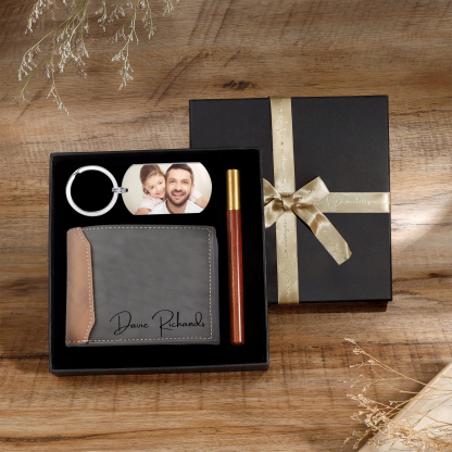 Personalised 2 Texts & 2 Photos Gift Set Wallet & Keychain & Pen Gift Box Set Father’s Day Gift for Him-Jessemade AU