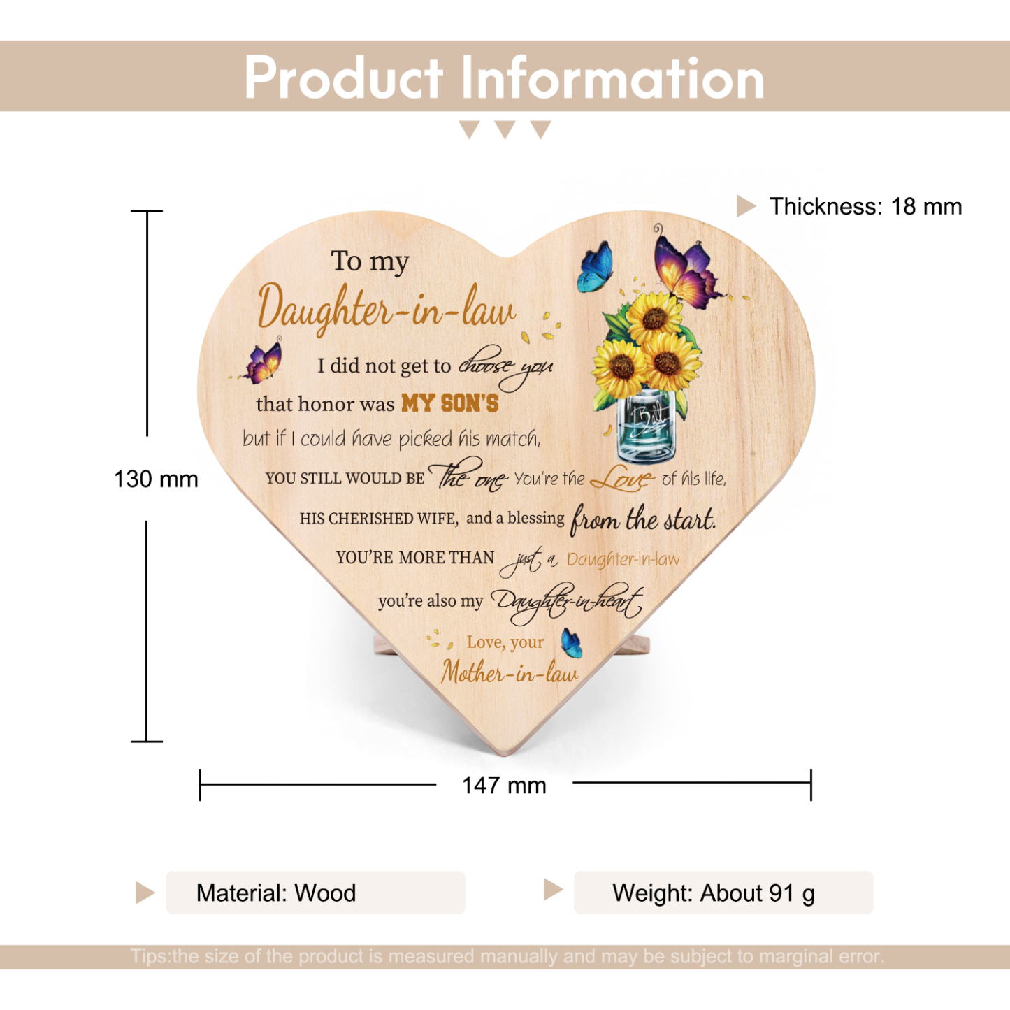 To My Daughter-In-Law You're My Daughter-In-Heart Wooden Heart Keepsake Desktop Ornament-Jessemade AU