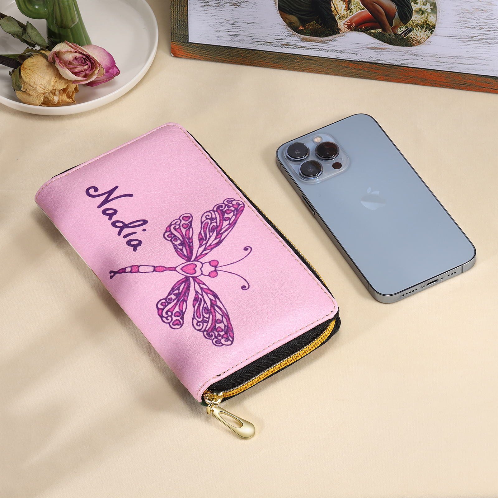 Long Purse Personalised Dragonfly Leather Wallet Engraved 1 Photo Zip Wallet Gifts for Her-Jessemade AU
