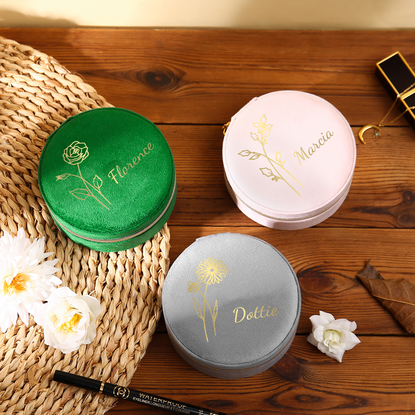 Personalised Name Jewelry Storage Box Custom Birth Flower Travel Jewelry Box Circle Box Gifts for Her-Jessemade AU