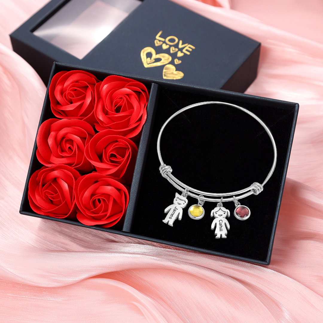 Bangle Bracelet with Kids Charms 2 Birthstone Engraved 2 Names Rose Box Set-Jessemade AU