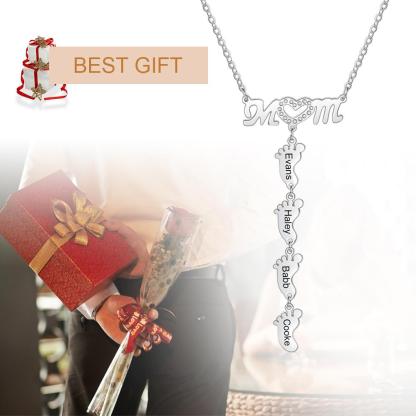 Mother Necklace with 4 Baby Feet Pendants Engraved 4 Names Rose Gift Set