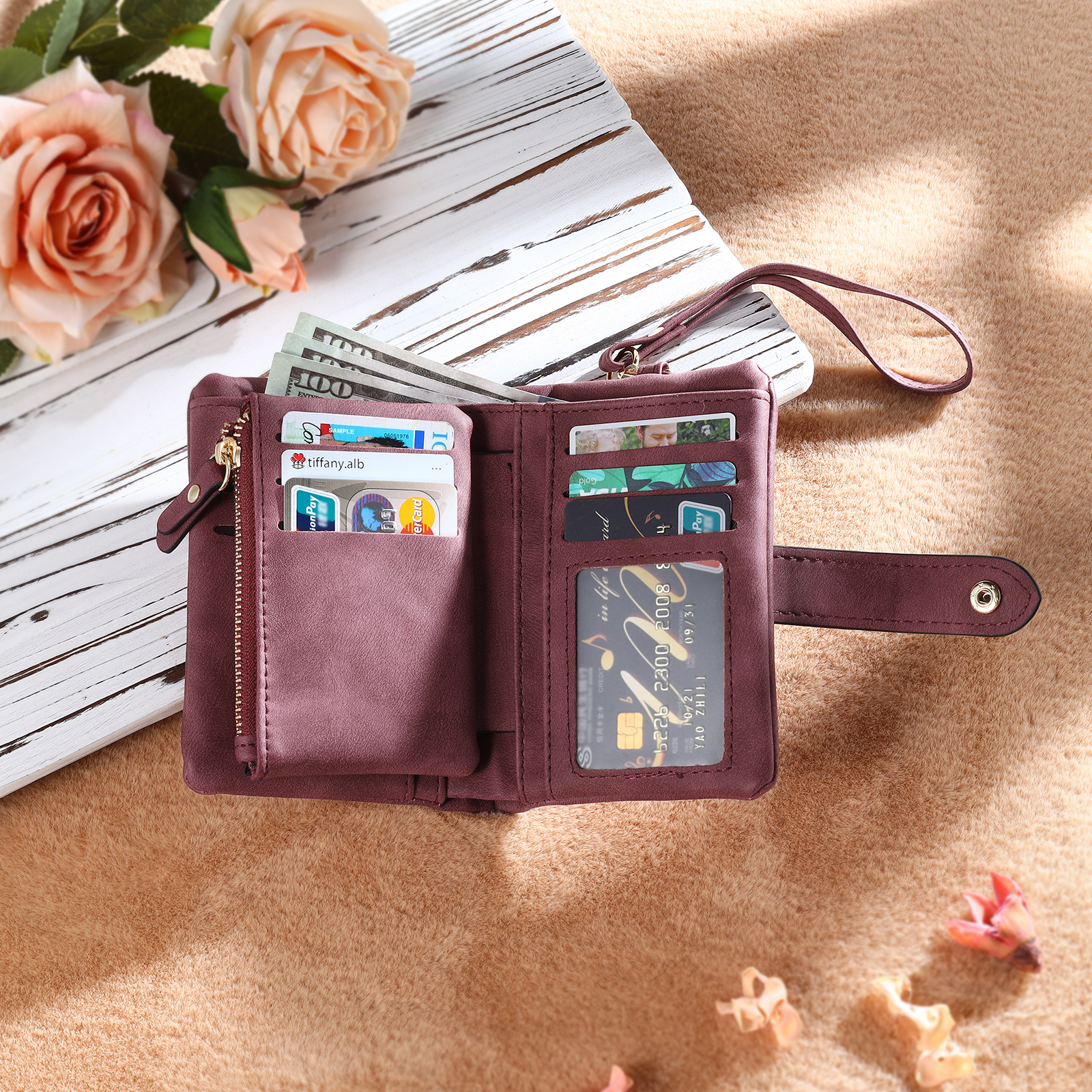 Personalised Women's Leather Wallet Custom Birthday Flower & Name & Photo Wallet Gift for Her