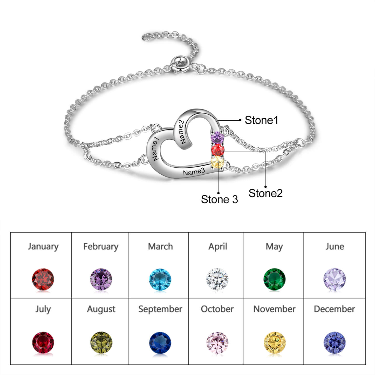 Personalised Heart Bracelet With 3 Birthstones Engraved Names Gift For Women-Jessemade AU
