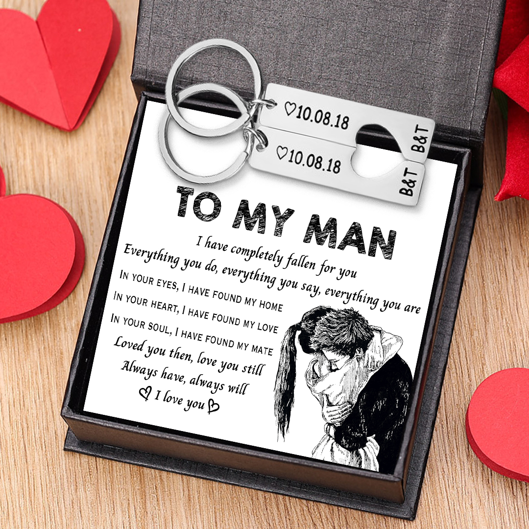 To My Man/My Love Heart Keychain Set Personalised Date Initial Keyring Matching Couple Gifts-Jessemade AU