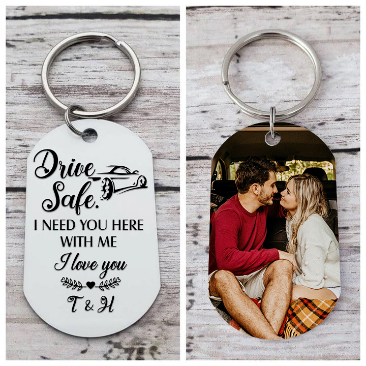 Personalised Couple Photo Keychain Custom 2 Letters Keyring “Drive Safe I Need You Here With Me” Valentine's Day Gift For Couples-Jessemade AU
