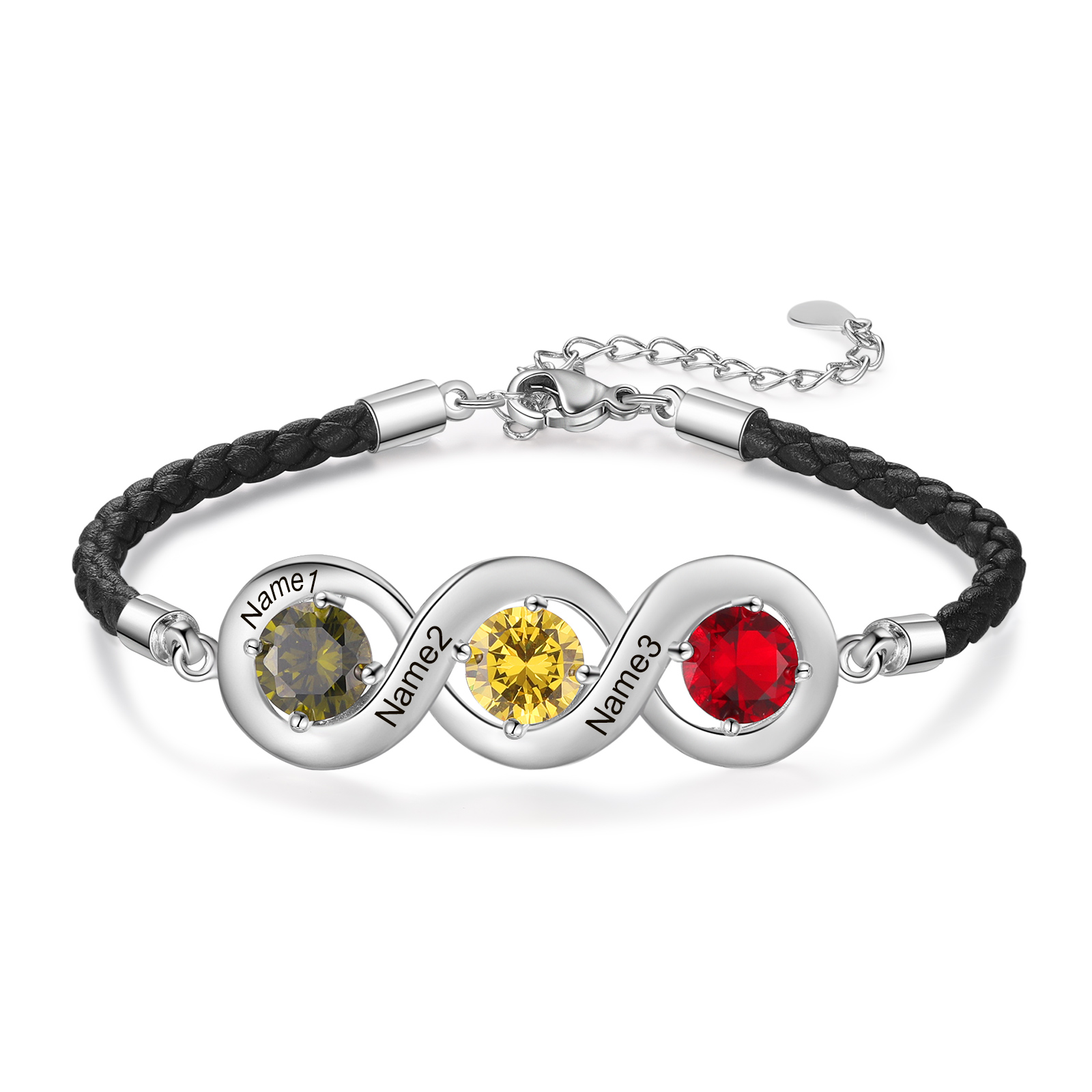Personalised Infinity Bracelets Custom 3 Birthstones & 3 Names Adjustable Bracelet Gift for Her