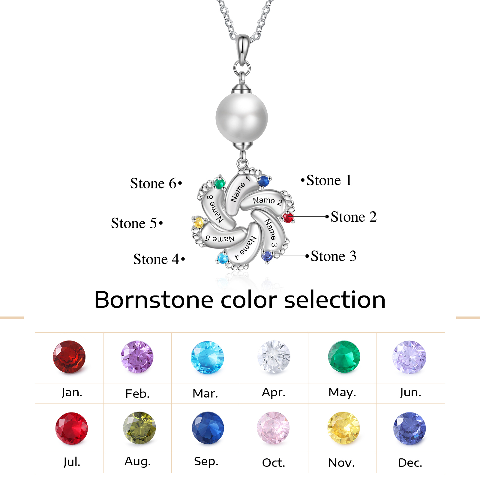 Personalised Baby Feet Pearl Necklace Custom 6 Names & Birthstones Mother Necklace-Jessemade AU