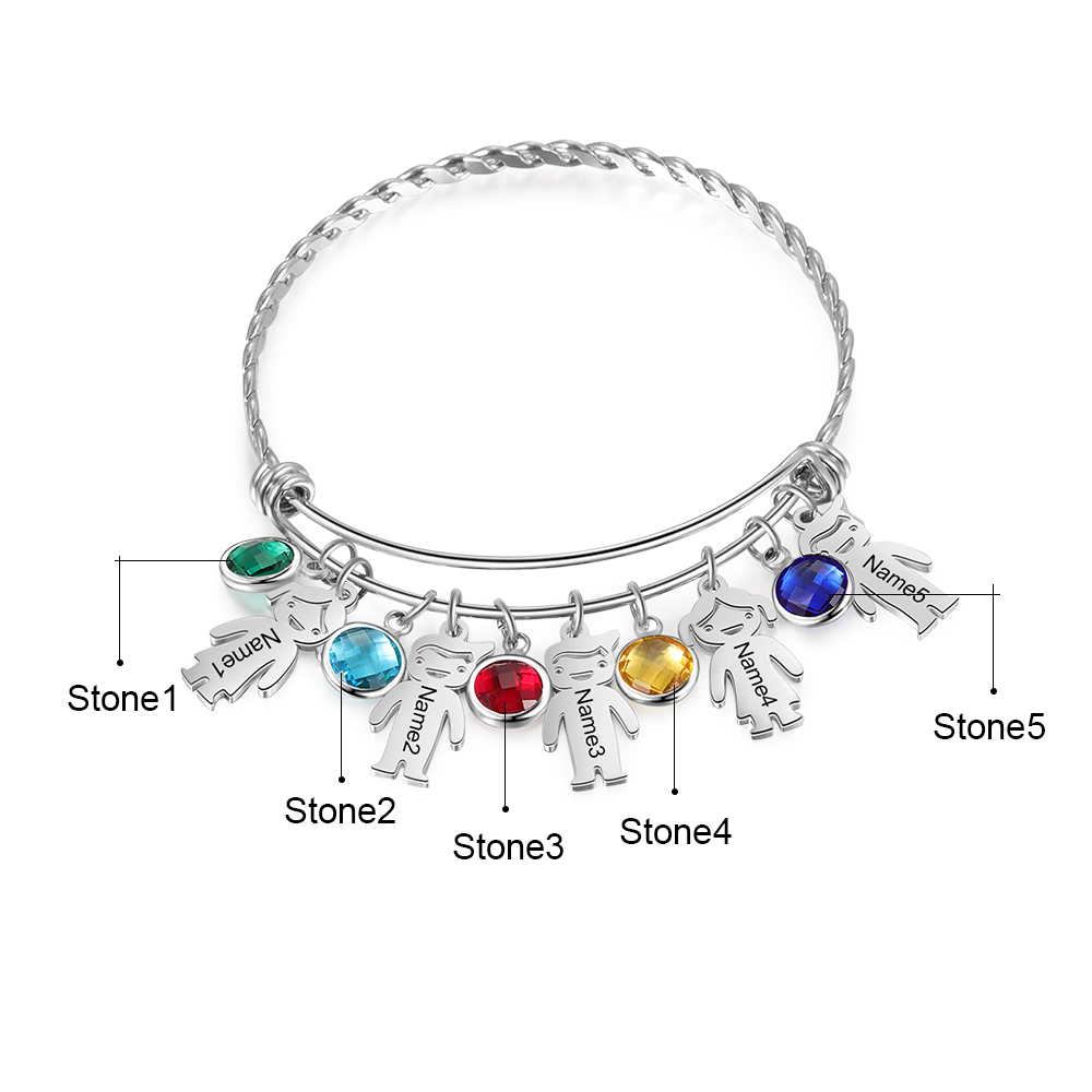 Personalised Kid Charms Bangle Bracelet With Names Customised 5 Birthstones Gift for Her-Jessemade AU