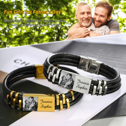 Personalised Leather Bracelet Custom Photo Initial ID Bar Men's Bracelet Bangle Gifts For Him-Jessemade AU