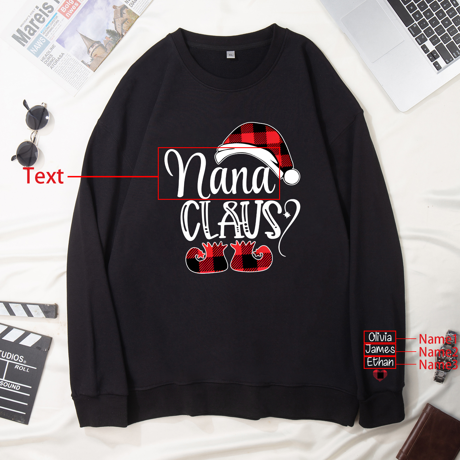 3 Names - Personalised Christmas Sweatshirt Custom Name & Text Sweatshirt Nana Claus Sweatshirt Gift for Family -Jessemade AU