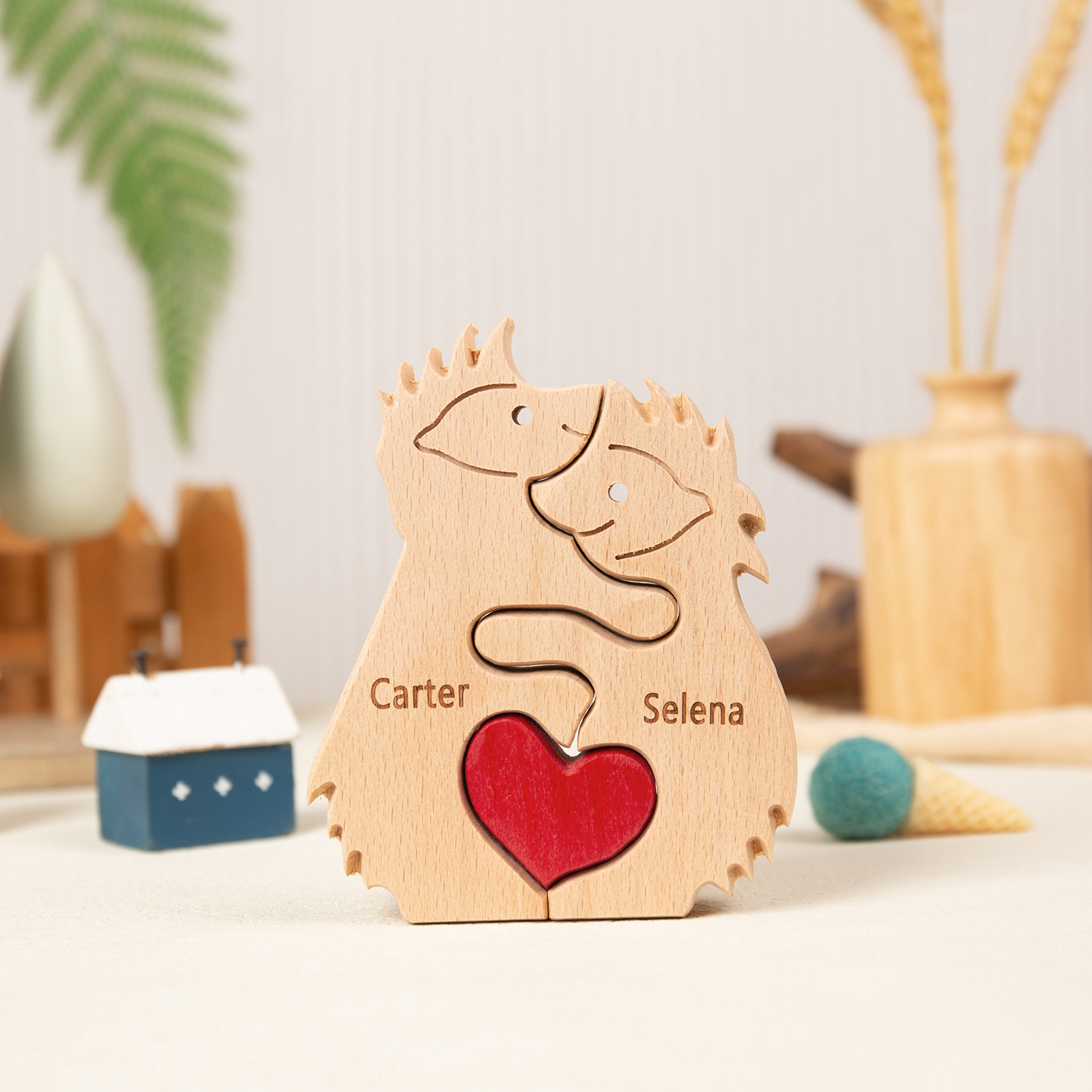 Personalised Wooden Animal Puzzle Custom 2 Names Puzzle Hedgehog Bear Elephant Hug Ornament Gifts for Family Couple-Jessemade AU