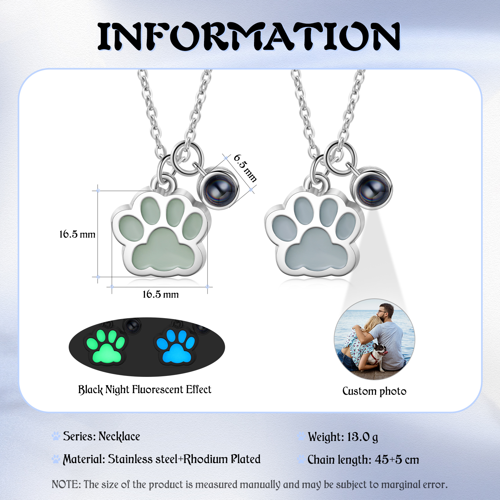 Personalised Dog Paw Pendant Couple Necklace Set Custom Photo Projection Necklace Romantic Gifts For Him/Her-Jessemade AU