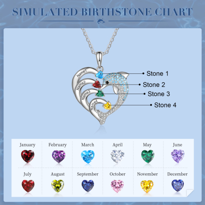 Personalised Heart Dolphin Necklace With 4 Birthstones Engraved Names Gift For Her-Jessemade AU
