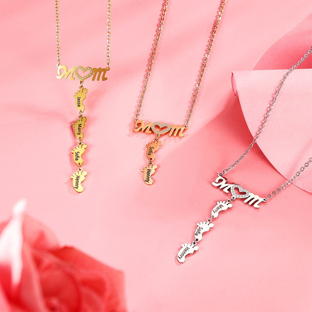 Happy Mother's Day Personalised baby feet Necklace Engraved 1 Names Necklace Gifts For Mum