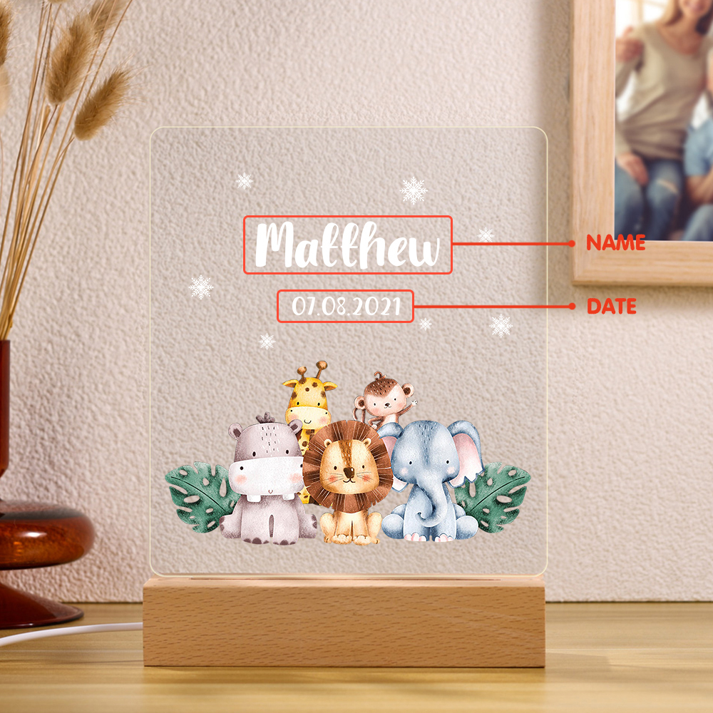 Personalised Name Night Light Animal Zoo Wood LED Night Light Custom Date Nursery Birthday Gifts For Children-Jessemade AU