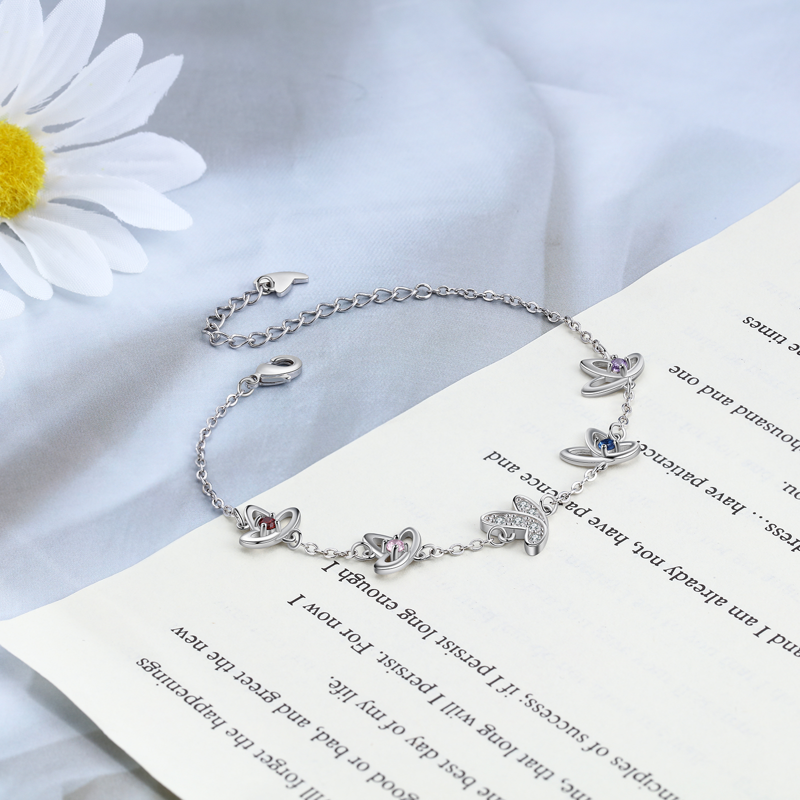 Personalised Butterfly Bracelet with 4 Birthstones Engraved Names Best Gift For Her-Jessemade AU