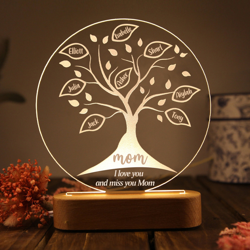 Personalised Family Tree Night Light Engraved 8 Names Wooden LED Lamp-Jessemade AU