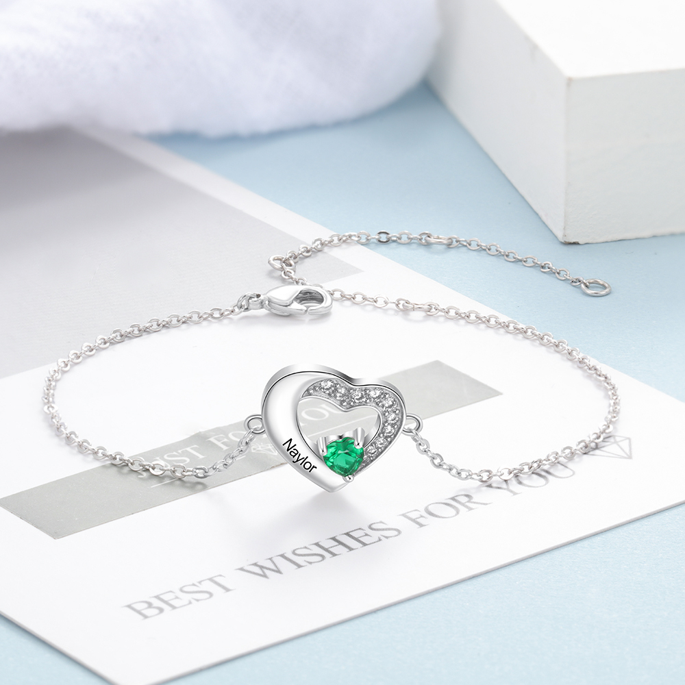 Personalised Heart Bracelet With 1 Birthstone Engraved Names Bracelet Gift For Women-Jessemade AU