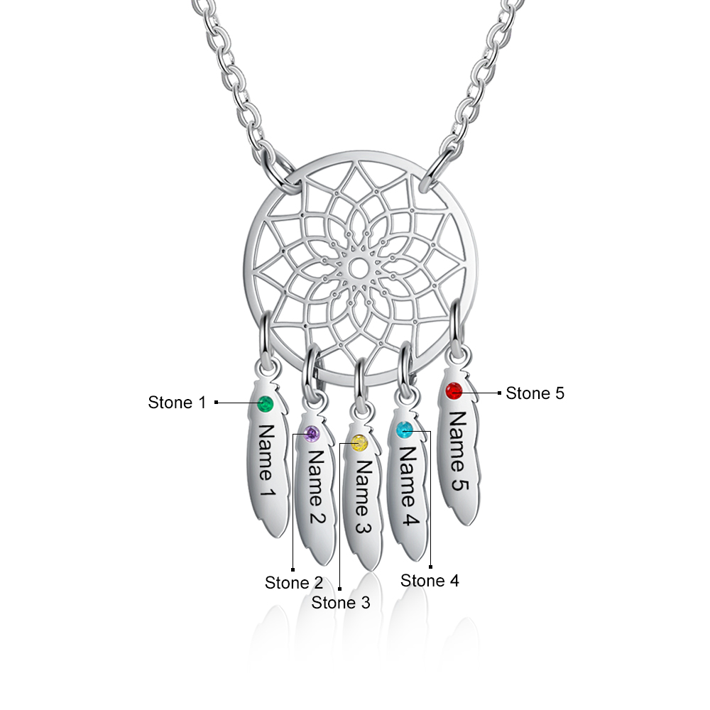Personalised Dream Catcher Necklace With 5 Birthstones Engraved Names Gift For Women-Jessemade AU