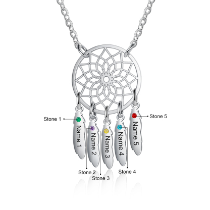 Personalised Dream Catcher Necklace With 5 Birthstones Engraved Names Gift For Women-Jessemade AU