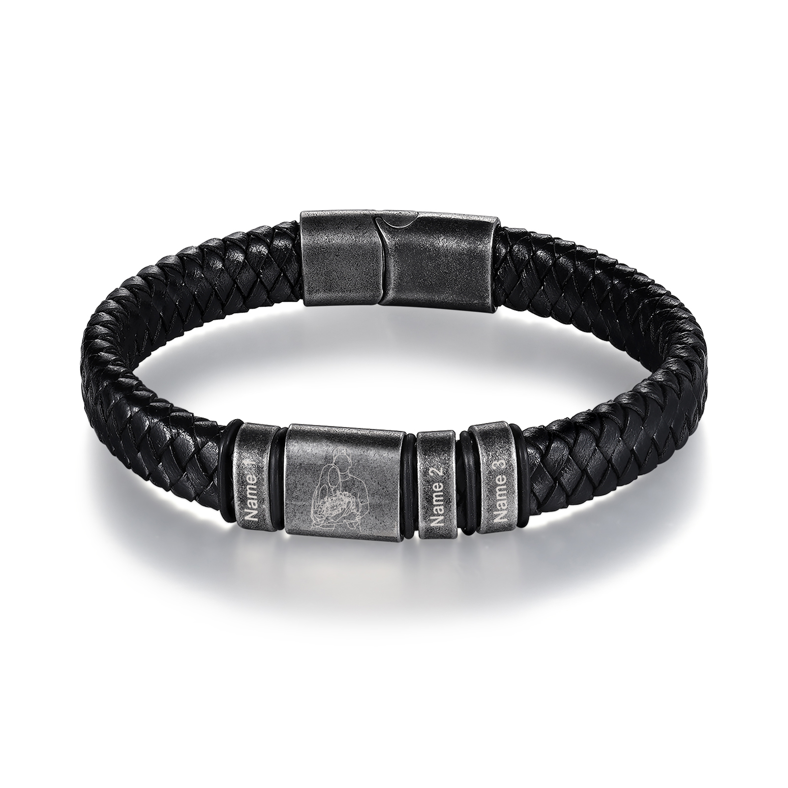 3 Names - Personalised Men's Leather Braided Bracelet Custom Name & Photo Bracelet Vintage Gift for Him-Jessemade AU