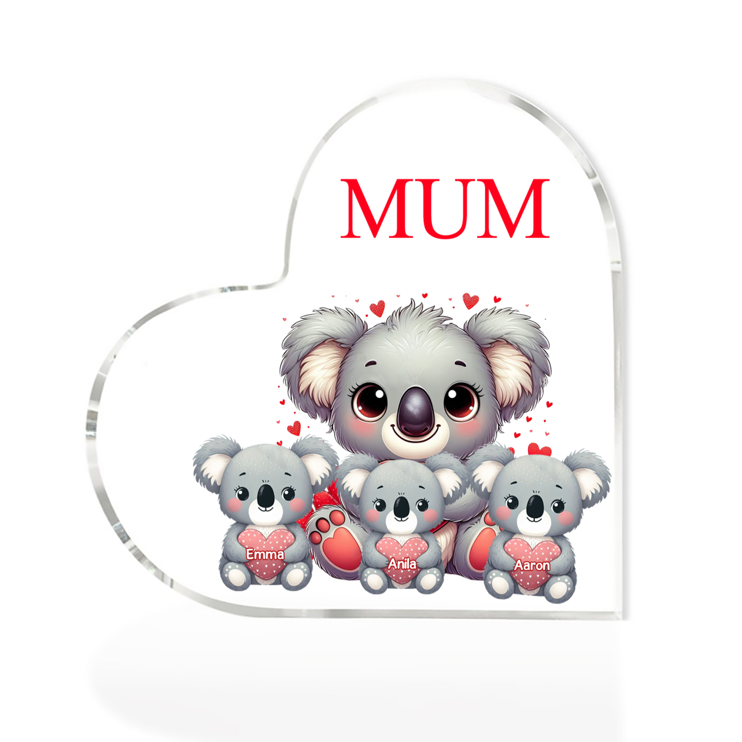 Personalised Acrylic Heart Keepsake Custom 1 Text & 3 Names Ornament Koala Family Gifts for Mother/Grandma-Jessemade AU