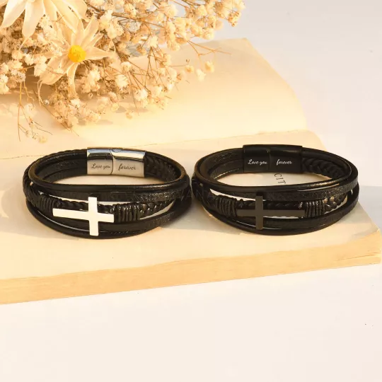 To My Man Pray Through It Leather Cross Bracelet Personalised 2 Names Gifts for Him-Jessemade AU
