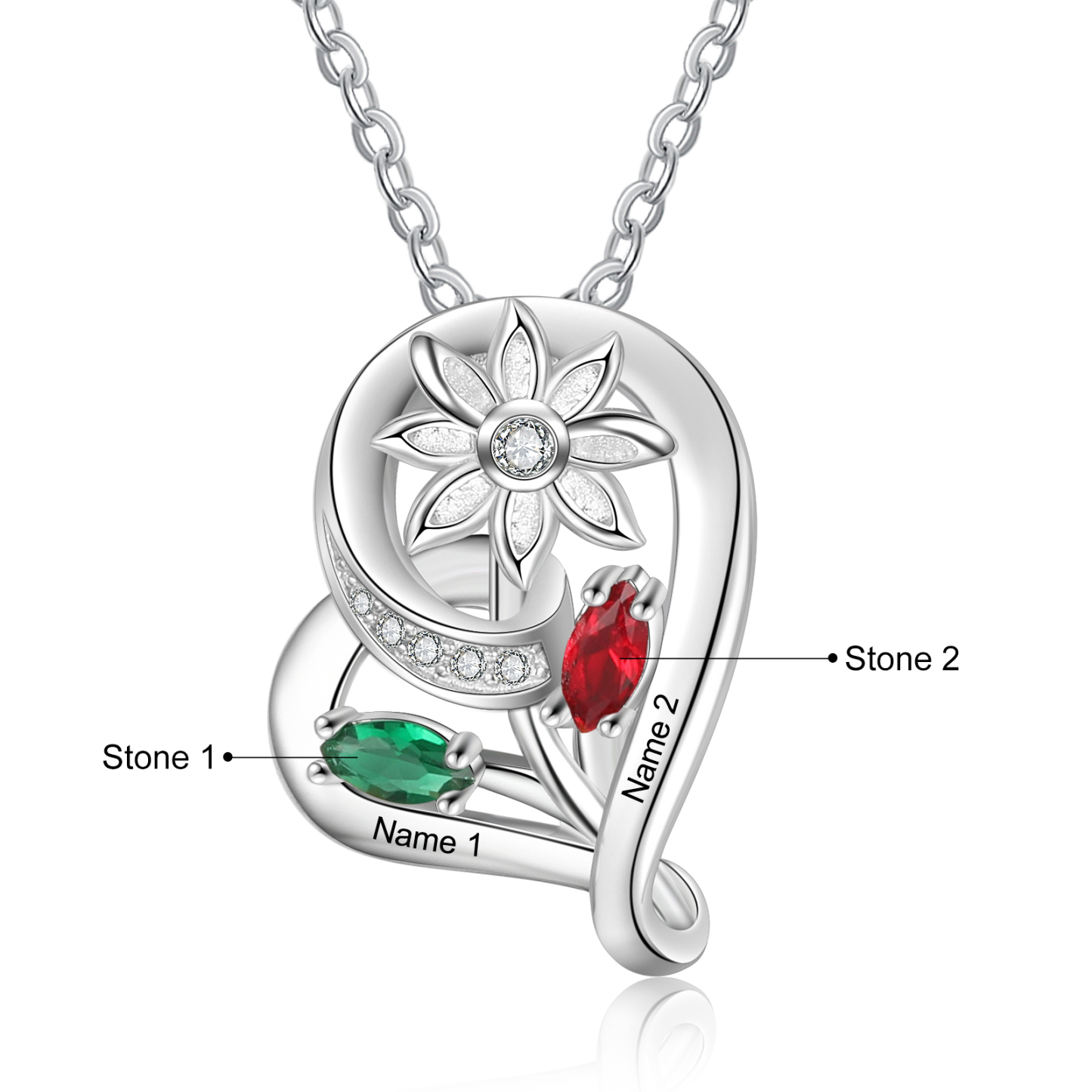 Personalised Heart Flower Necklace With 2 Birthstone Engraved Names Gift For Her-Jessemade AU
