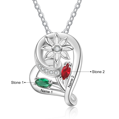 Personalised Heart Flower Necklace With 2 Birthstone Engraved Names Gift For Her-Jessemade AU
