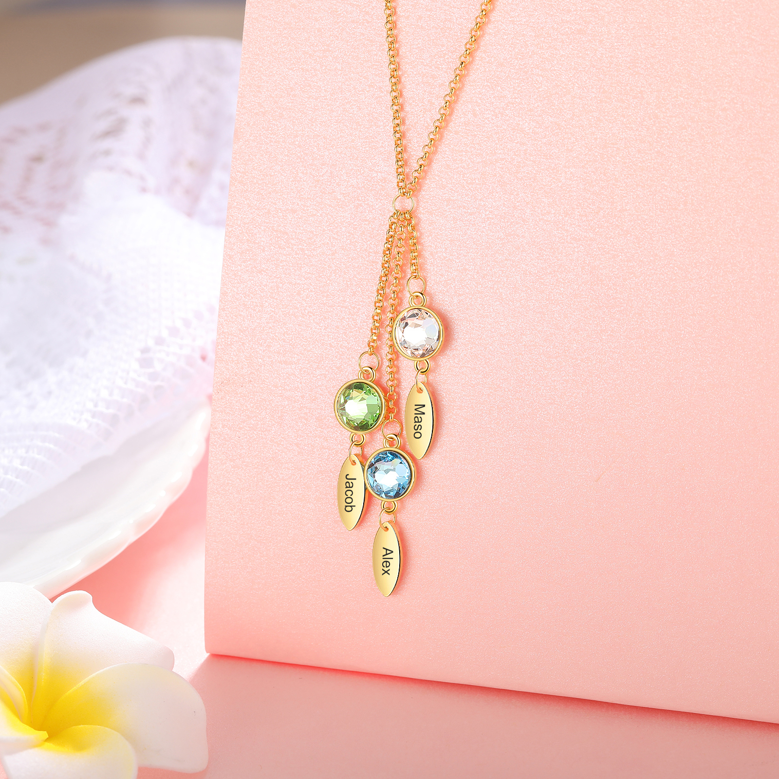 Personalised Bar Necklace With 3 Birthstones Engraved Names Necklace Best Gift For Mother-Jessemade AU