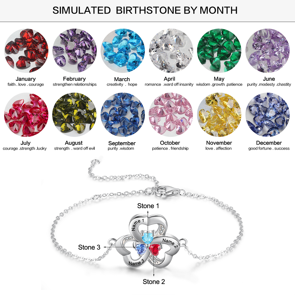 Personalised Heart Bracelet With 4 Birthstones Engraved Names Bracelet Gift For Women-Jessemade AU