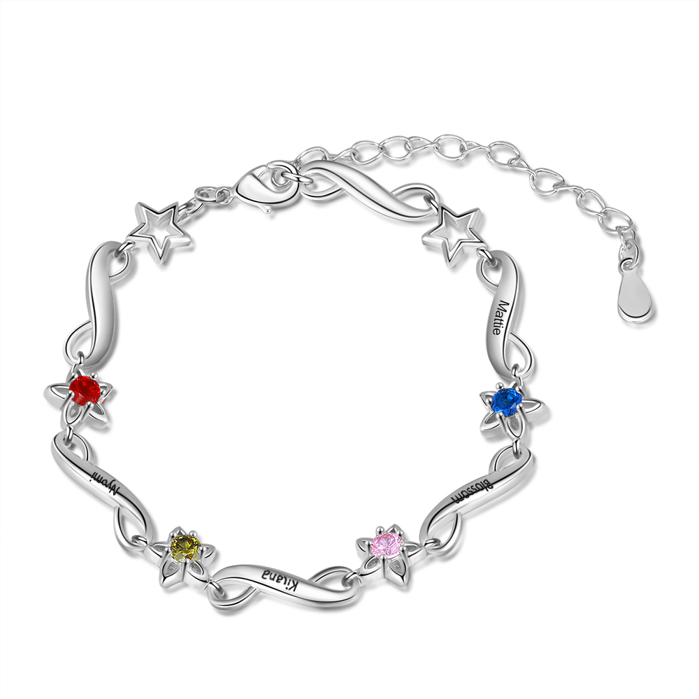 Personalised Star Bracelet With 4 Birthstones Engraved Names Bracelet Gift For Women-Jessemade AU