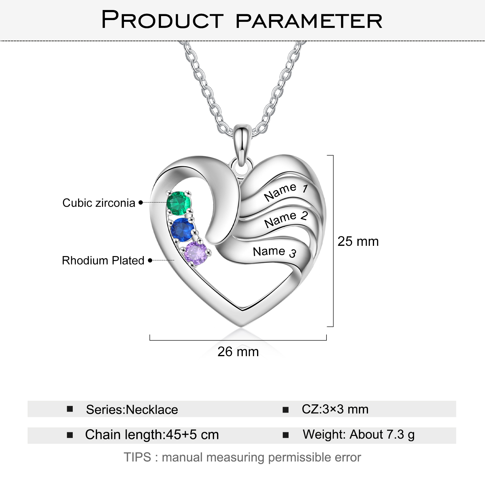 Customised Heart Necklace With 3 Birthstones Engraved Names Family Necklace Gifts for Her-Jessemade AU
