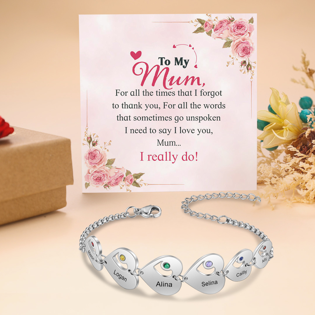 Personalised Heart Bracelet with Birthstones Custom 6 Names Family Bracelet Gifts for Her-Jessemade AU