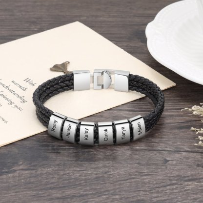 Personalised Braided Leather Bracelet Engraved 6 Names Men's Bracelet Gifts For Him-Jessemade AU