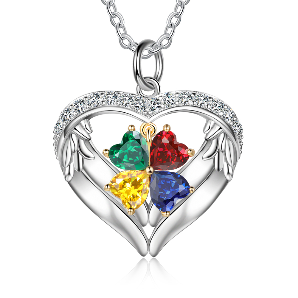Personalised Wings Necklace With 4 Heart Birthstones Engraved Names Gift For Women-Jessemade AU