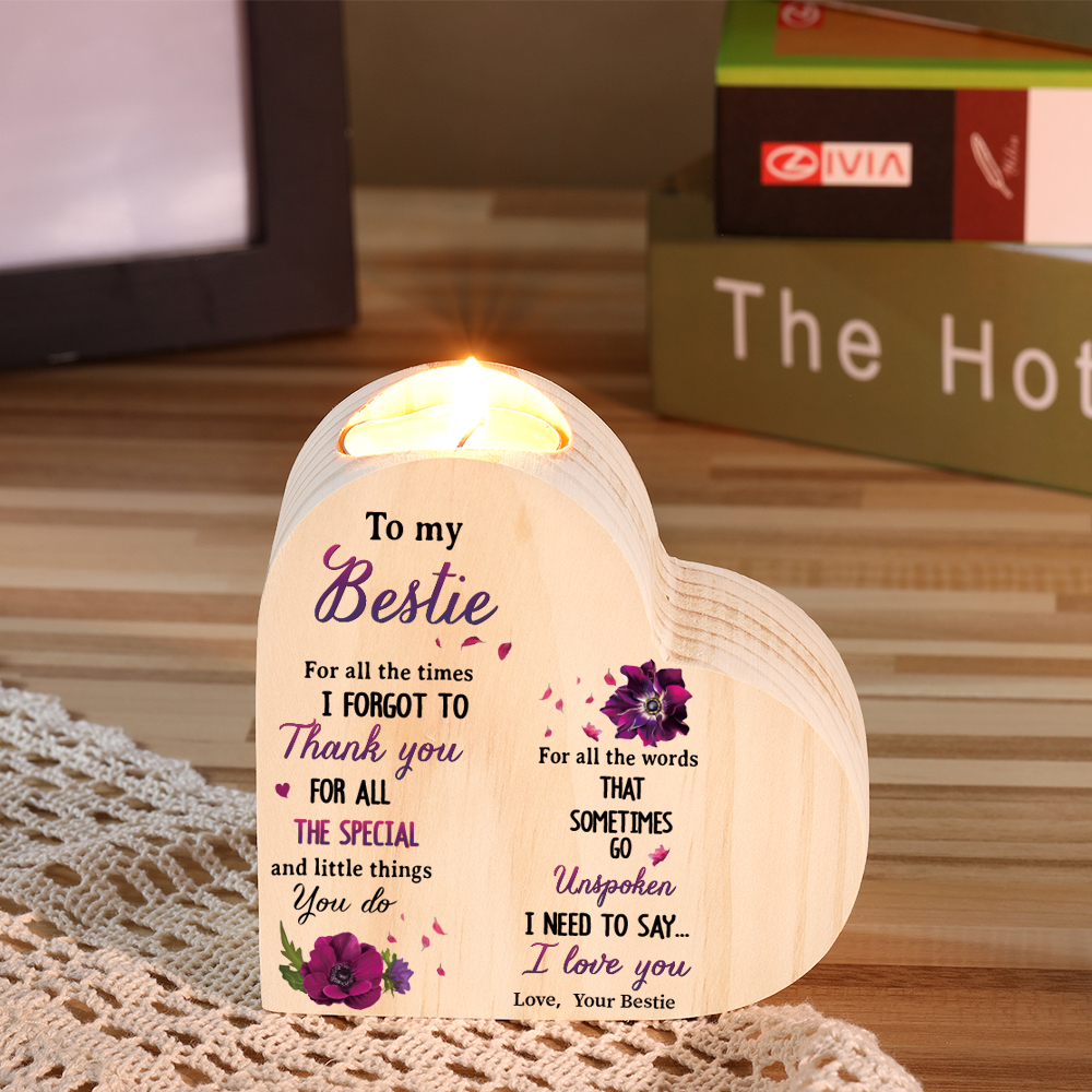 To My Bestie Violet Flower Heart Candle Holder "I Need To Say I Love You" Wooden Candlestick-Jessemade AU