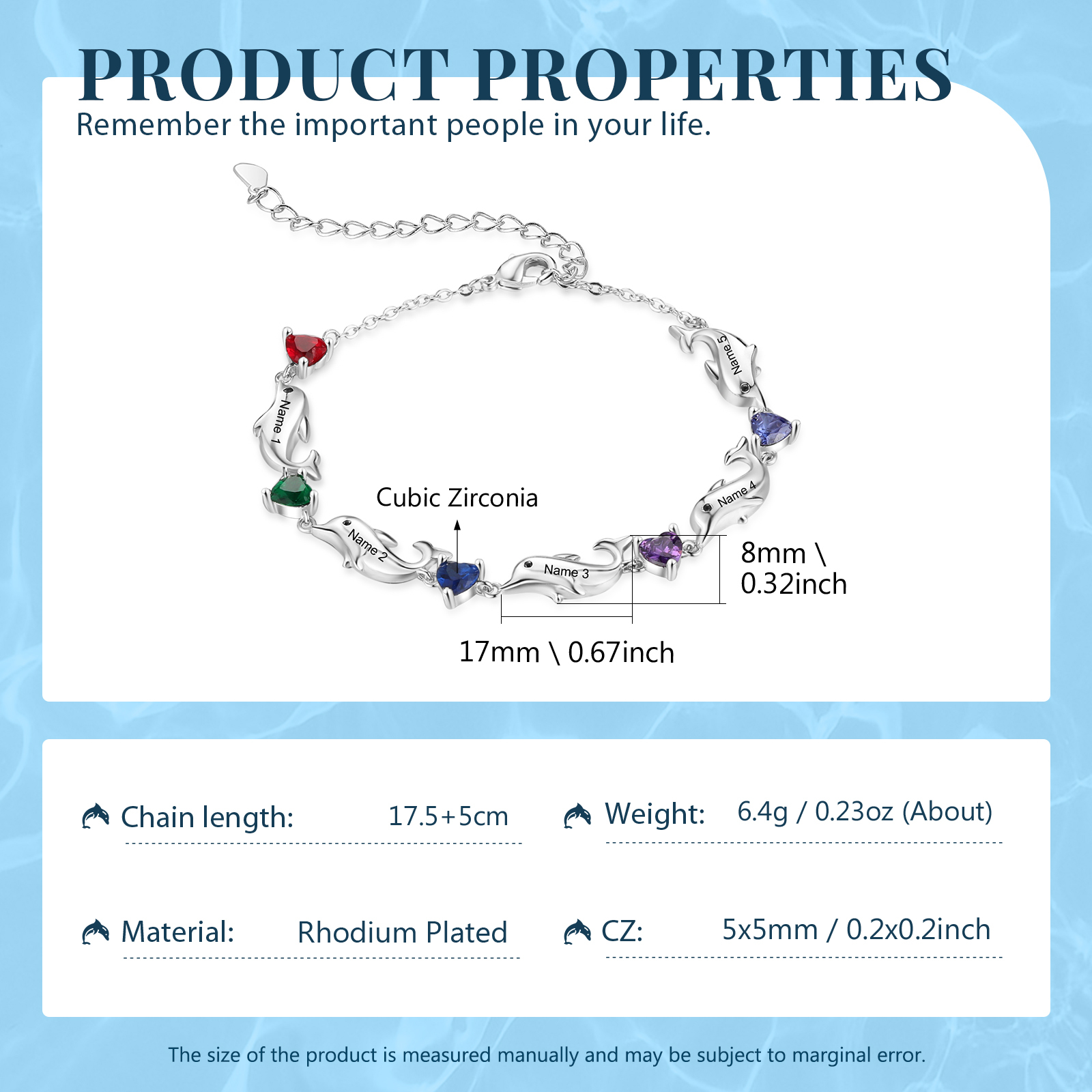 Dolphin Bracelet Personalised 5 Birthstones & 5 Names Women Bracelet-Jessemade AU