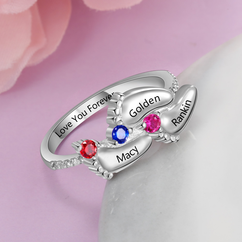 Personalised Baby Foot Ring With 3 Birthstones Engraved Names Ring Gift For Women-Jessemade AU