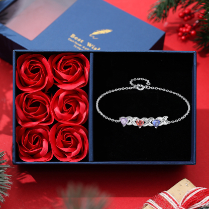 Family Custom Bracelet Heart Personalised with 3 Birthstones Gift Box Set-Jessemade AU