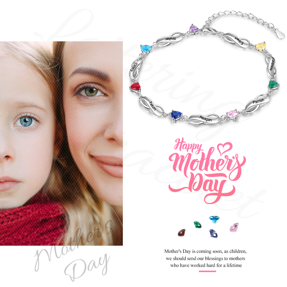 Personalised Infinity Bracelet With 7 Birthstones Engraved Names Bracelet Gift For Women-Jessemade AU