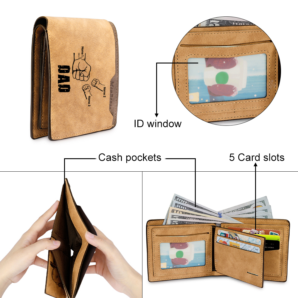 3 Names - Personalised Men Leather Wallet Custom Photo & Text & Name Folding Wallet Fist Bump Wallet Gift for Dad-Jessemade AU