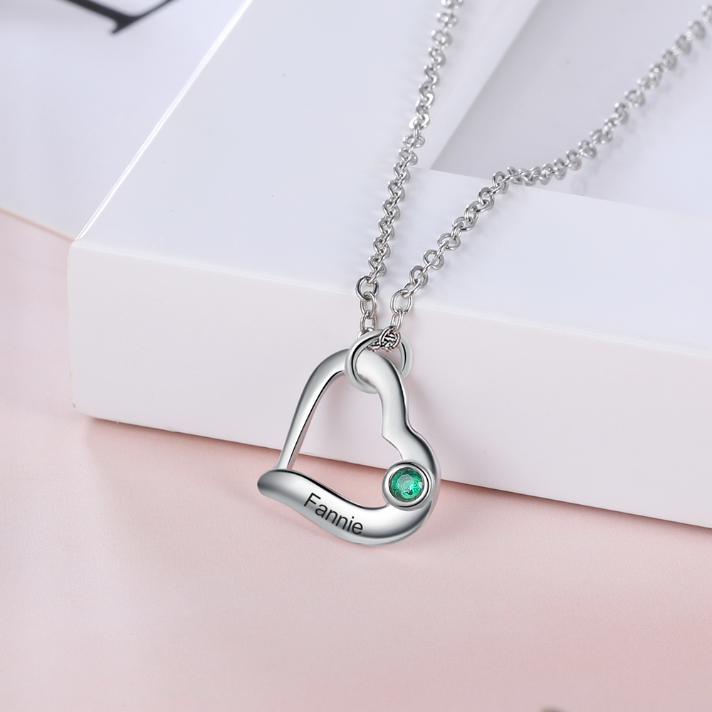 Personalised Heart Necklace With 1 Birthstone Engraved Names Gift For Her-Jessemade AU
