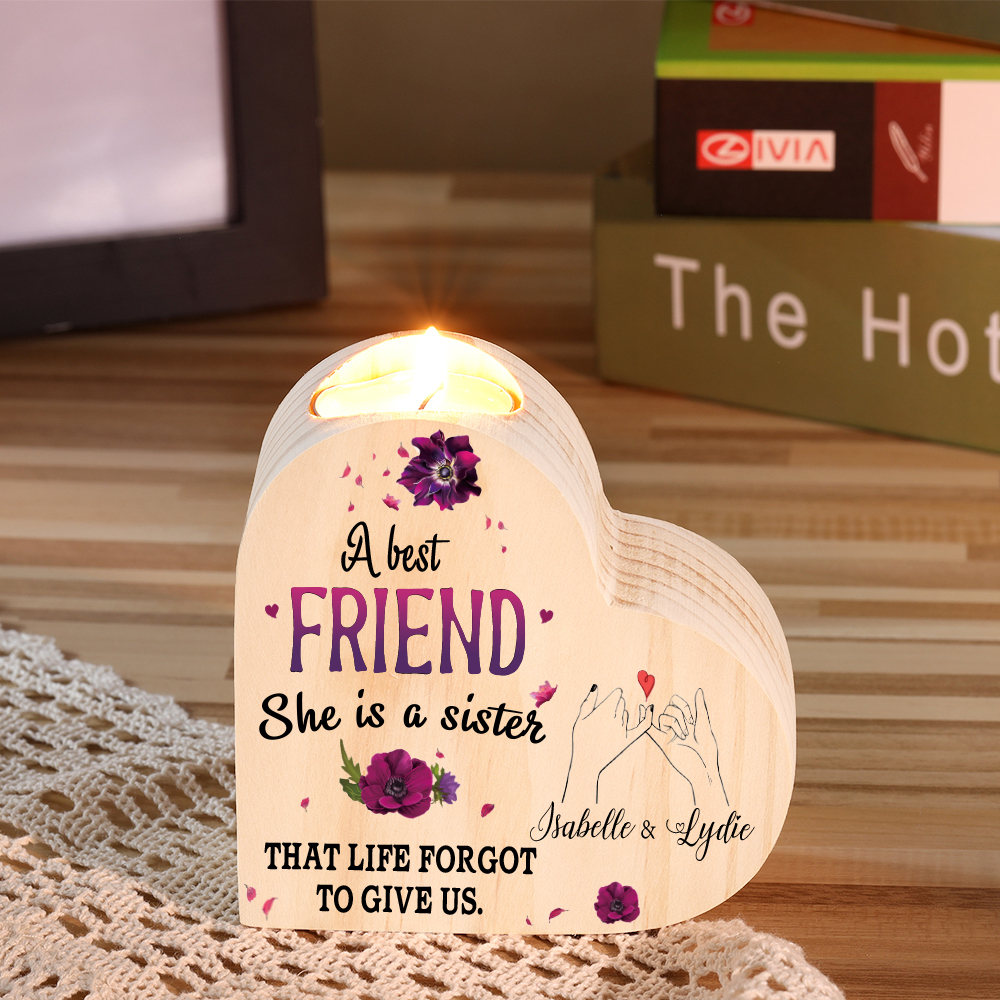 To My Best Friend Violet Flower Heart Candle Holder "She's a sister that life has forgotten to give" Wooden Candlestick-Jessemade AU