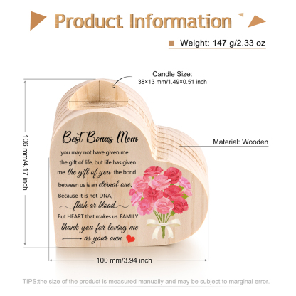 To My Mom Heart Candle Holder Wooden Candlestick Mothers Gifts-Thank you for loving me as your own-Jessemade AU